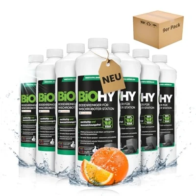 Imagen de BiOHY Limpiador de suelos para robot limpieza con aroma a naranja (9 x 1 litro) Detergente concentrado todos los robots y aspiradora función húmeda sin espuma rayas