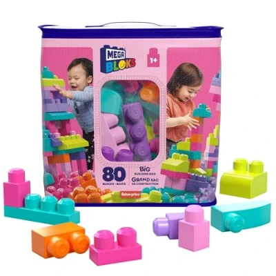 Imagen de Mega Bloks Juego de construcciones 80 Piezas con Bolsa ecológica Rosa, Juguete bebé +1 año (Mattel DCH62)