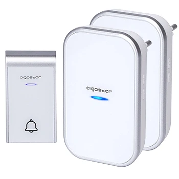 Imagen de Aigostar Timbre inalámbrico con 2 Receptores Enchufe, de Puerta Indicadores LED, Impermeable IP44 para Interior y Exterior, 3 Niveles Volumen 36 Melodías, Blanco