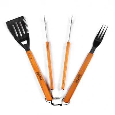 Imagen de MasterCook Juego de Accesorios Profesionales Acero Inoxidable y Madera para Barbacoa, Kit BBQ con Pinza, Horquilla espátula, Barbacoa
