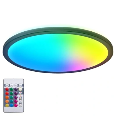Imagen de B.K.Licht I Lámpara de techo LED RGB redonda Panel ultra plano Cambio color RGBW regulable Iluminación indirecta Mando a distancia Negro