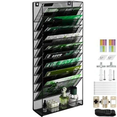 Imagen de IOUGDSEC Soporte de malla A4 11 niveles para colgar en la pared, organizador documentos, correo, estante almacenamiento revistas, bandeja cartas