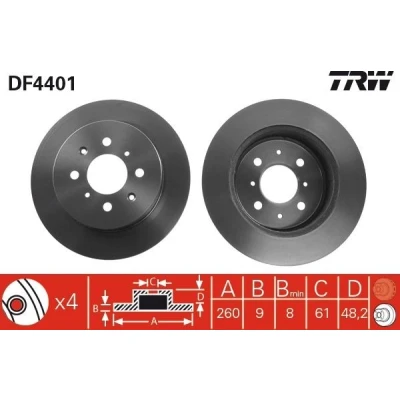 Imagen de TRW Disco de freno HONDA: CIVIC 7 Coupe 9mm 4 100mm macizo barnizado DF4401 42510S5A000,42510S5AA00,42510S5HT00 Discos freno,