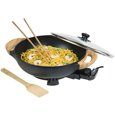 Imagen de Bestron AEW100AS wok eléctrico con asas de bambú, sartén XL tapa cristal en diseño asiático, incluye espátula 2 palillos cocina y libro recetas, 1500 W, color negro, metal,