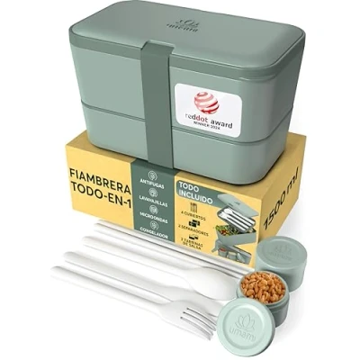 Imagen de Umami Fiambrera Para Comida De Trabajo, Bento Lunch Box, Apilable, Con 4 Compartimentos, Cubiertos, Botes Salsa, Caja Almuerzo, Apta Microondas, Porta Alimentos 100% Hermética