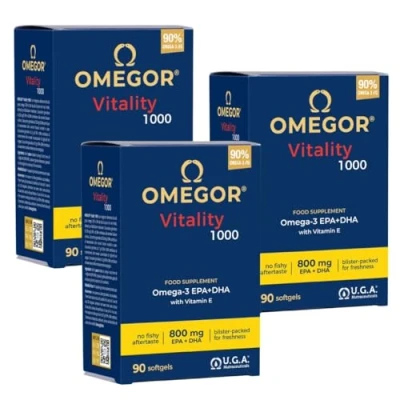 Imagen de Omegor Vitality 1000 Omega 3 en Forma de Triglicéridos (90 Cápsulas x 3) ‒ 800 mg EPA y DHA Suplemento Certificado IFOS, Libre Metales Pesados, Sin Sabor a Pescado IFOS
