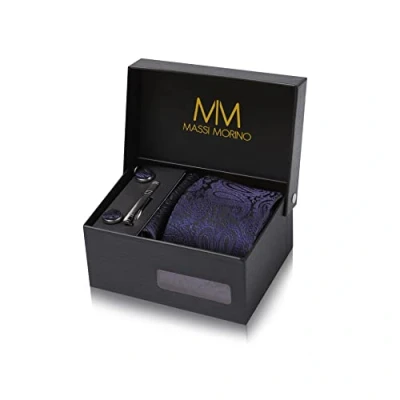 Imagen de Massi Morino Corbatas de hombre Paisley Azul Oscuro y pañuelos con gemelos, clip corbata set Intenso Accesorio traje modernas para boda