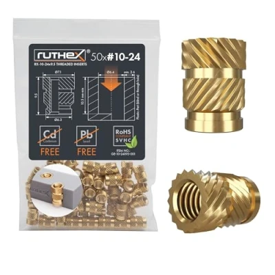 Imagen de ruthex Inserto roscado de #10 24 pulgadas (UNC) 50 unidades RX 10 24x9.5 casquillos roscados latón Tuerca presión estable Utilizable por calor en piezas plástico 3D