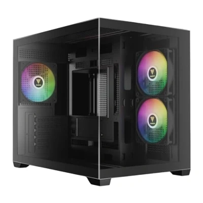 Imagen de GAMDIAS Aura GC10M Caja para PC Micro Torre M ATX, Panel de Vidrio Templado Sin Bordes, 3 Ventiladores ARGB 120 mm Integrados, Instalación Herramientas, Filtro Polvo Magnético, Negro