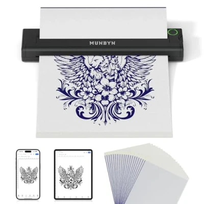 Imagen de MUNBYN Termocopiadora Tattoo Bluetooth, Impresora Termica Tatuajes, para Tatuajes DIY, Compatible con Smartphone y PC, 10 Piezas de Papel Transferencia ITP05