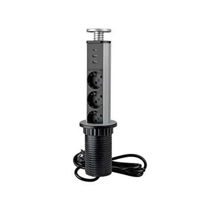 Imagen de EMUCA Regletas enchufe encastrable, Regleta multienchufe retráctil con carga rápida, 3 enchufes EU y 2 USB A+1USB C, Torre de empotrable para encimera, Gris metalizado, Plástico, Aluminio