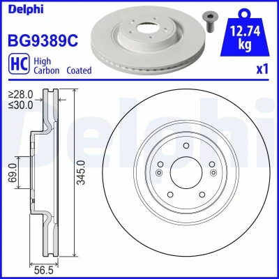 Imagen de DELPHI BG9389C Disco de freno 345 30 5 ventilado revestido altamente carbonizado sin cojinete rueda, anillo sensor ABS KIA: Stinger Hatchback