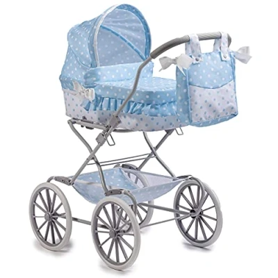Imagen de JC Toys Carro Royal de 4 ruedas, para muñecas hasta 45 cm, ideal jugar y pasear, azul blanco con lunares, bolsa paseo, diseñado por Berenguer, +3 años