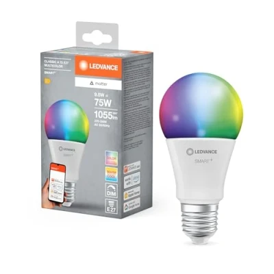Imagen de LEDVANCE Lámpara LED SMART+ MATTER, compatible con Google, Alexa, Apple, aspecto esmerilado, 9,5W, 1055lm, base E27, función RGBW, luz blanca, control por app o voz, vida útil de hasta 20.000 horas