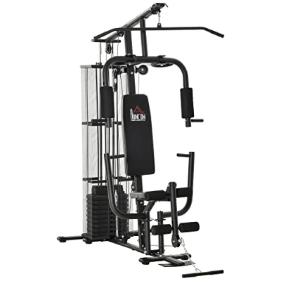 Imagen de HOMCOM Multiestación Máquina de Musculación con Estribo para Piernas Placas Peso 45 kg Carga Max. 120 Entrenamiento Fitness en Hogar Gimnasio 150x110x210 cm Negro