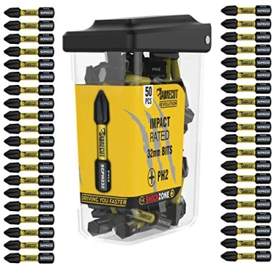 Imagen de 50 x SabreCut SCRPH23250B 32 mm PH2 destornillador de impacto magnético Juego puntas Phillips punta única Heavy Duty Compatible con Dewalt Milwaukee Bosch Makita y otros