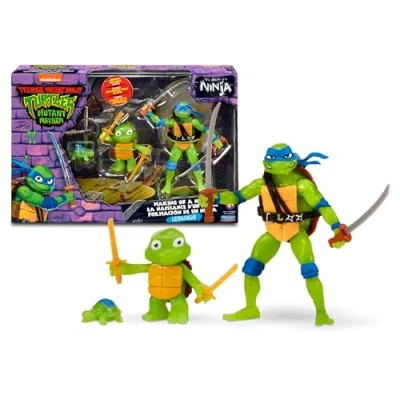Imagen de TORTUGAS NINJA Pack de evolución Leonardo, Incluye Tortuga pre mutación, Figura básica y a Leonardo transformado, Liquido OOZE Que Hace Brillar Las Figuras, para niños 4 años+, Famosa (TU819100)