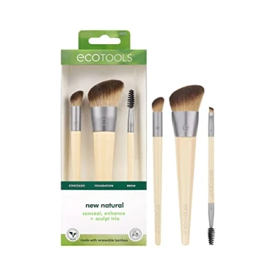 Imagen de EcoTools Trío Natural para Ocultar, Mejorar y Esculpir, Brochas de Maquillaje Base, Corrector Cejas, Cerdas Densas Sintéticas Esculpir el Rostro, Juego 3 Piezas