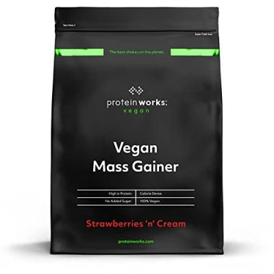 Imagen de THE PROTEIN WORKS Vegan Mass Gainer 100% A Base De Plantas Alto En Calorías Para El Aumento Masa, Fresas Con Nata, 2000 Gramo