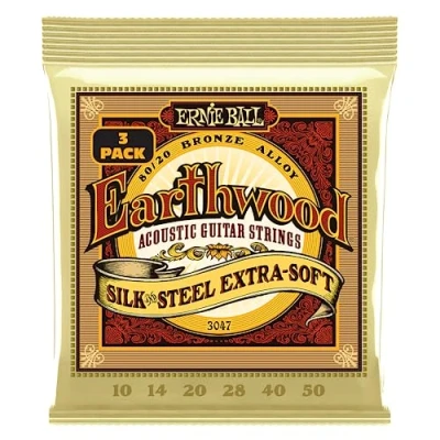 Imagen de Ernie Ball Earthwood Silk and Steel Extra Soft Cuerdas para guitarra acústica, bronce 80/20, seda y acero, 3 paquetes, calibre 10 50