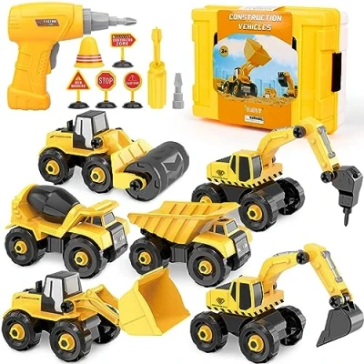 Imagen de Vanplay Desmontar y Ensamblarde Vehículo de Construcciones Juguete Excavadora con Taladro Eléctrico, 6 Camiones en 1 Herramientas para Niño Niña 3 Años
