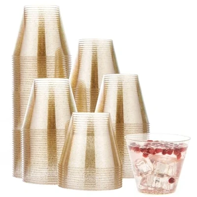 Imagen de MATANA 120 Vasos de Plástico Duro con Brillo Dorado (255ml / 9oz) Plastico Reutilizable para Bebidas, Cócteles, Postres Dorados Fiestas, Cumpleaños, Bodas
