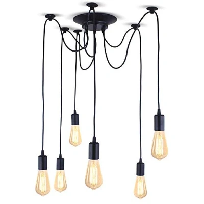 Imagen de iDEGU Lámpara Colgante Retro, 6 Luces de Araña DIY Iluminación E27 con Cables 150cm Regulable Negro Techo Vintage para Salón Dormitorio Comedor Restaurante (6 Foco)