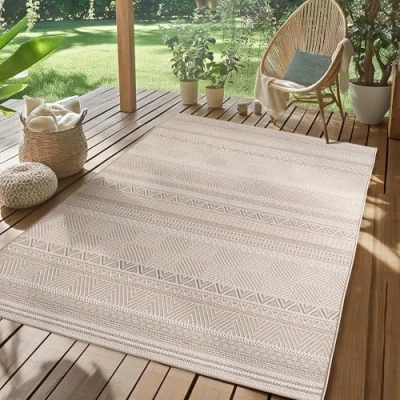 Imagen de SIMPEX Alfombra de Exterior Beige 280x370 cm, para la Cocina, el balcón, terraza, diseño Boho escandinavo