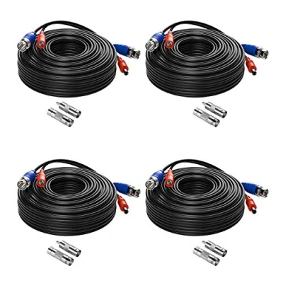 Imagen de Anlapus Paquete 4pcs Cable 20m/65 pies de BNC Video Fuente Alimentación para Kit CCTV Cámara Vigilancia DVR Sistema Seguridad Hogar (4 pack negro)