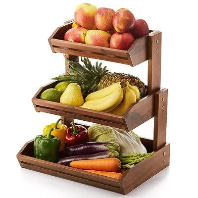 Imagen de HOLANA Cesta de frutas madera acacia, cuenco 3 niveles para encimera cocina, extragrande, 16 x 12.5 18 pulgadas, almacenamiento y verduras (3