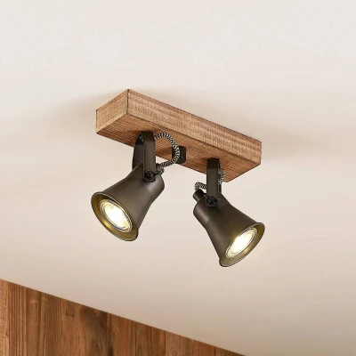 Imagen de foco halógeno &#039;Grandesa&#039; (Vintage) en Marrón hecho de Madera e.o. para Salón &amp; Comedor (2 llamas, GU10) Lindby lámpara techo, foco, lámpara, techo