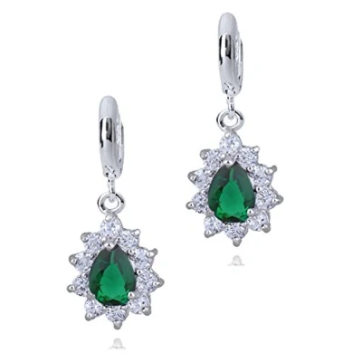 Imagen de Crystalline Azuria Mujer 18ct Chapado en Oro Blanco Lágrimas Esmeralda simulada Verde Cristales de Zirconia Pendientes Colgantes para y Niña