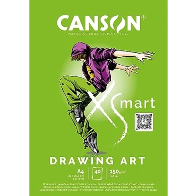 Imagen de CANSON XSmart, Papel de dibujo Blanco, Doble cara: texturizado y suave, 150gsm, Bloc encolado por lado largo, A4 21x29,7cm, 40 hojas