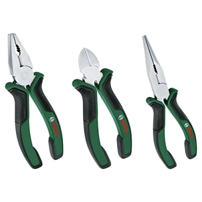 Imagen de Bosch Home and Garden Juego de Alicates, 3 Piezas Combinado Óptima Calidad, Duradero y Precisión, con Corte Lateral Alicate Punta Larga, Ergonómicos, Superficie Mate Níquel Cromada