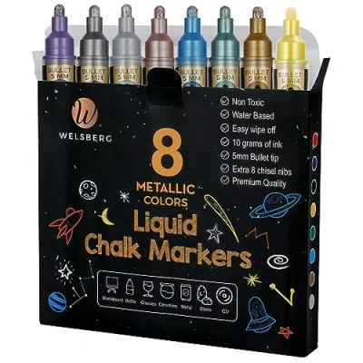 Imagen de welsberg 8 Rotuladores de tiza líquida colores metálicos, Plumas borrables, punta 5 mm, para pizarra, ventanas, vidrio con tinta jumbo, 10 gramos