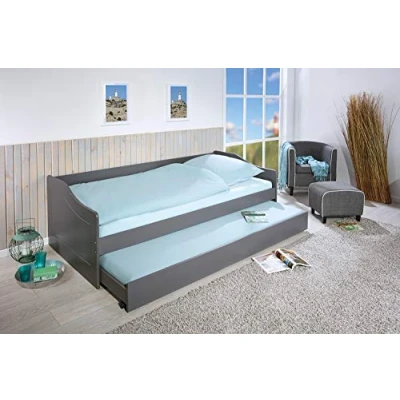 Imagen de Inter Link cama nido con almacenaje cajones y ruedas Banco 2 camas 90 x 200 cm Madera maciza Sin colchón ni base Gris Malte