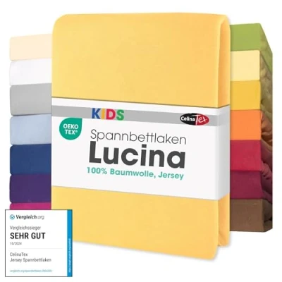 Imagen de CelinaTex Lucina bebés niños sábanas Ajustables Camas para bebé algodón 3er Set 60x120 70x140 cm Amarillo Crema