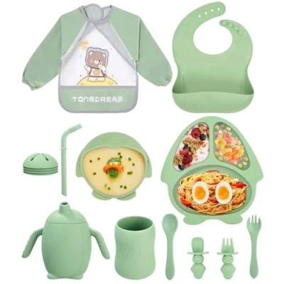 Imagen de SinLaw Juego Vajilla bebe de silicona,11 Piezas Silicona para Bebés Antideslizante, Plato Ventosa Dividido, Baby Weaning Self Feeding Cubiertos Regalo (Verde)