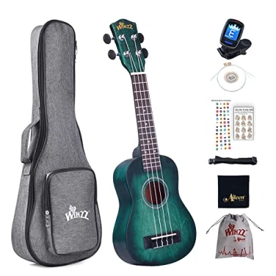 Imagen de Winzz Ukelele Soprano Principiante para Niños Adulto con 8 Accesorios, Diseño de Color Único 21 Pulgadas Cian Oscuro
