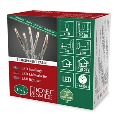 Imagen de Konstsmide 6350 123 Micro guirnalda luminosa LED para interior (IP20)/VDE/24 V transformador interior/10 diodos de luz blanca cálida, cable transparente)