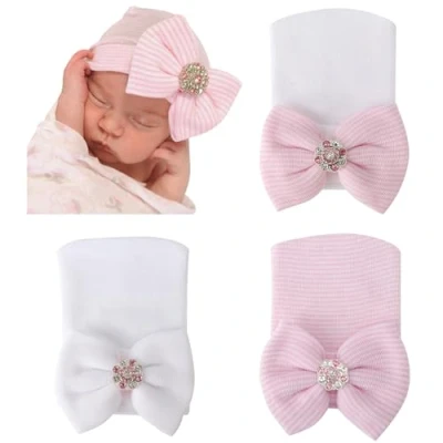 Imagen de DRESHOW 4 gorros de hospital para recién nacido, gorro bebé con lazo grande, suave y bonito nudo guardería, Paquete 3: juego 34/0 3 meses, Talla única
