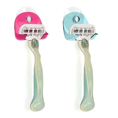 Imagen de kwmobile 2x Soporte para maquinilla de afeitar con ventosa Set organizador adhesivo el baño vidrio y azulejos azul claro/rosa fucsia/transparente