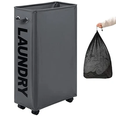 Imagen de DOKEHOM 29 Inches Bolsas Cestos para la Colada con Ruedas, Gran Servicio de lavandería, Plegable Bolsa Lavado Ropa Bin (Gris Oscuro, L)