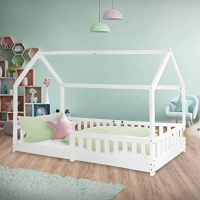 Imagen de ML Design Cama Infantil Montessori con Forma de Casa Madera Pino Blanca Colchón 90 x 200 cm Espuma Fría Hipoalergénico Estructura Listones Tipi Protección Anticaída para Niños