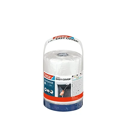 Imagen de tesa Easy Cover EXTERIOR L Cinta de Carrocero 2en1 con Plástico Protector Integrado Para Enmascarar y Cubrir al Pintar en Exteriores Grande 20 m x 1.4 cm