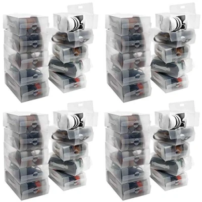 Imagen de Kurtzy Caja Zapatos Plástico Transparente (Pack de 40) Apto para Mujer, Hombres y Niños Organizador Plegable, Corrugado Apilable Viajes Almacenaje