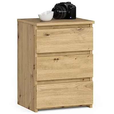Imagen de AKORD Mesita de Noche CL3 con 3 cajones Sala Estar, Dormitorio, Armario, Oficina y Estudio Diseño Moderno Funcional 35 x 40 57 cm, 26 kg Roble Artisan