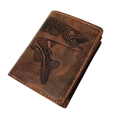 Imagen de myledershop Pequeño Cuero de búfalo Cartera con Pescado Motivo Bloqueo RFID y NFC en marrón