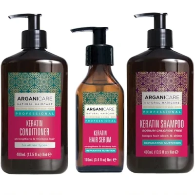 Imagen de Arganicare Set de 3 Produits A la Kératine. Revitalise les cheveux en gardant lisses et soignés. Shampoing + Apres Sérum