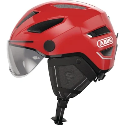 Imagen de ABUS casco de ciudad Pedelec 2.0 ACE bicicleta con luz trasera, visera, cubierta para la lluvia, protección las orejas hombres y mujeres rojo, talla M